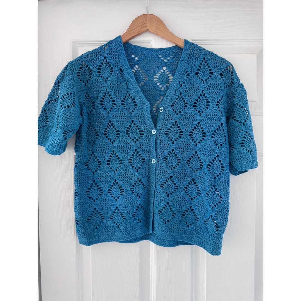 Womens Blue Knit Crochet V Neck Cardigan Cottagecore